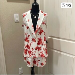 White Two-Piece Floral Vest & Shorts Set with Red Roses